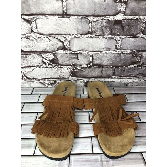 MINNETONKA Daisy Brown Fringe Suede Leather Slides Sandals Women Sz 10M US/41EU - Picture 2 of 16